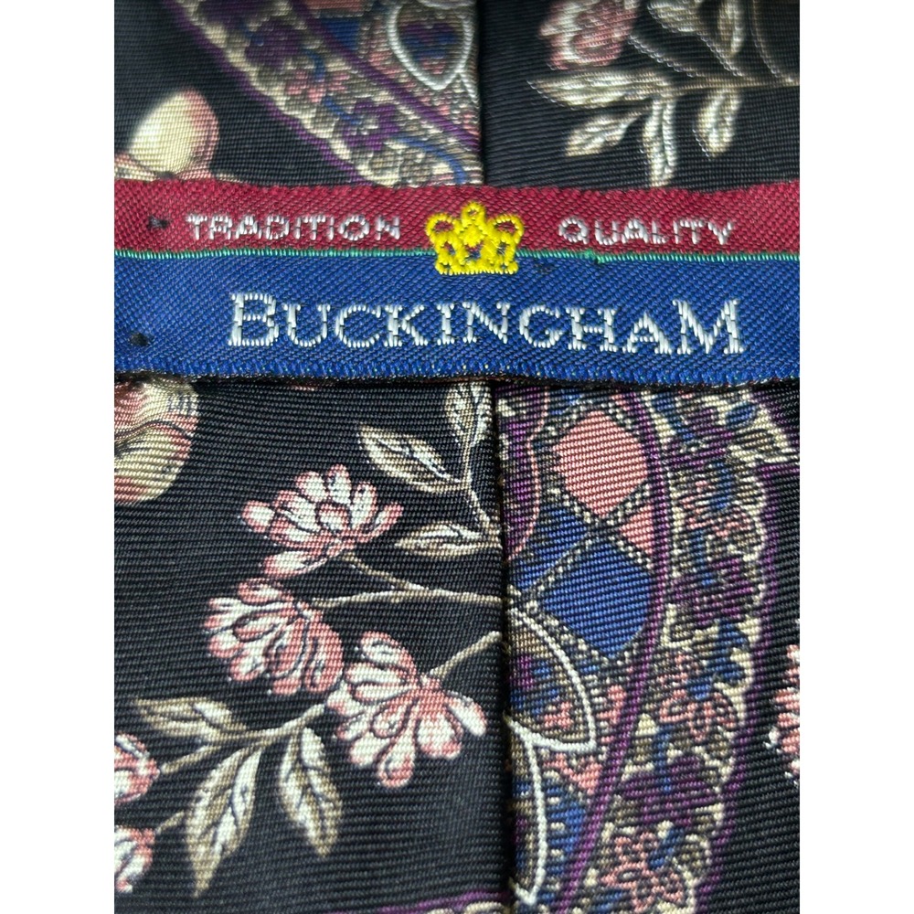 Buckingham Men's Necktie Paisley‎ Acorn Floral Pattern Blue Pink Black - Picture 2 of 3